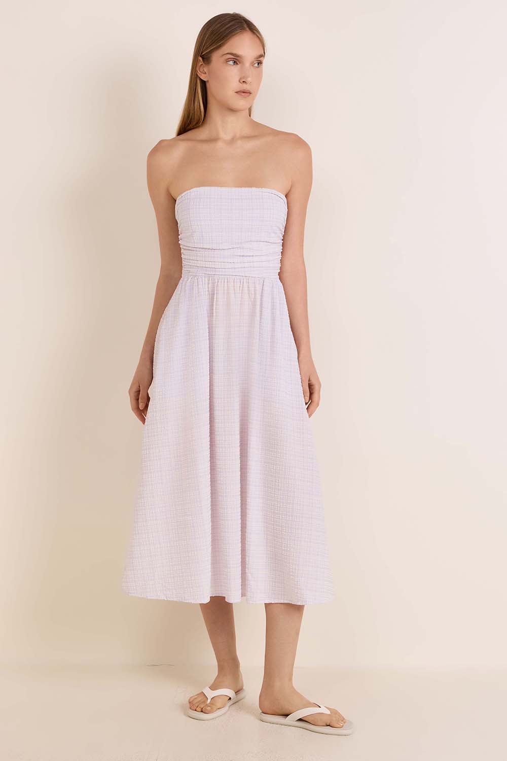 Seersucker Check Ruched Midi Dress